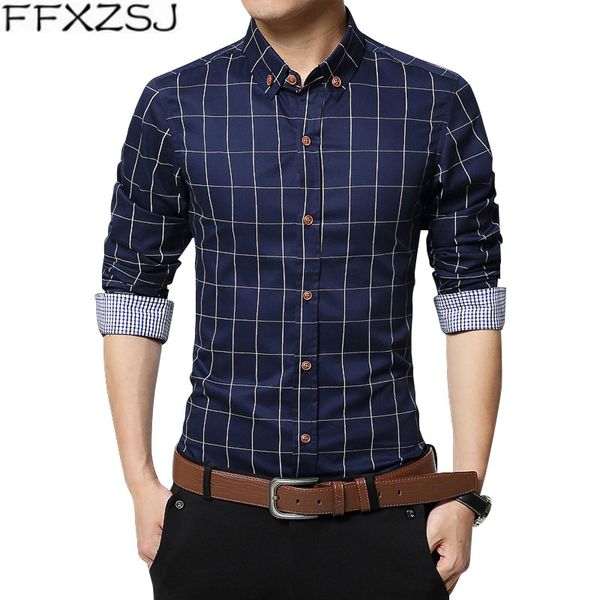 

ffxzsj brand new autumn men clothes slim fit men long sleeve shirt plaid cotton casual shirt social plus size -5xl, White;black