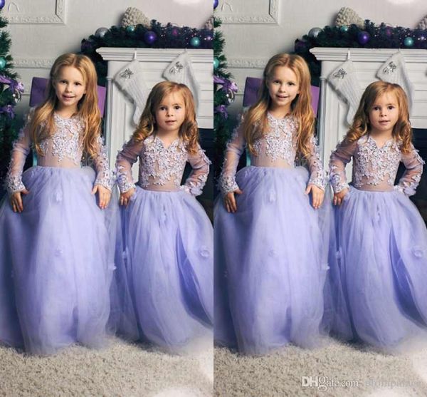 

princess long sleeves flower girl dresses jewel neck long sleeves lavender tulle lovely children birthday dresses kids formal wear, White;blue