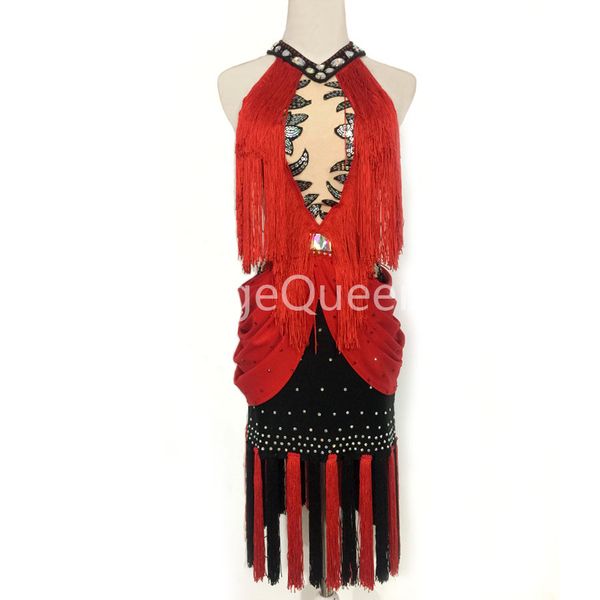

rhinestones competition latin dance dress women salsa samba carnival costume tango clothes fringe dancewear for girls black red