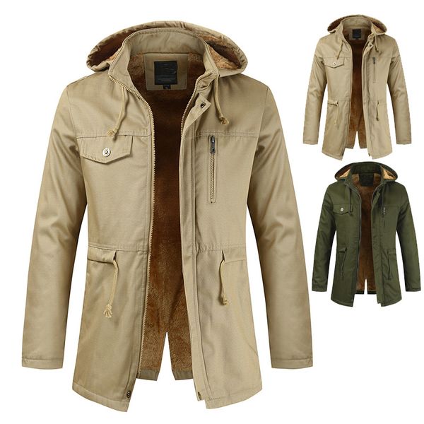 

trench coat 2019 outwears new men hooded jacket casual hoodies long parka jacket coats lined thick homme clothes, Black