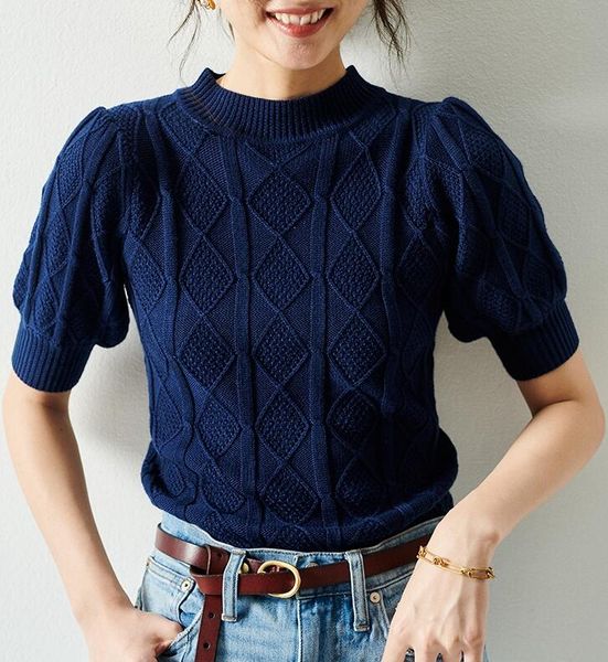 

women's sweaters [elfstyle] - woman mid puff sleeves knitted sweater round neck diamond twisted fashion knitwear for summer, White;black