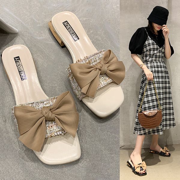 

butterfly-knot shoes ladies' slippers low slides slipers women soft 2020 fabric hoof heels square heel sweet pu, Black
