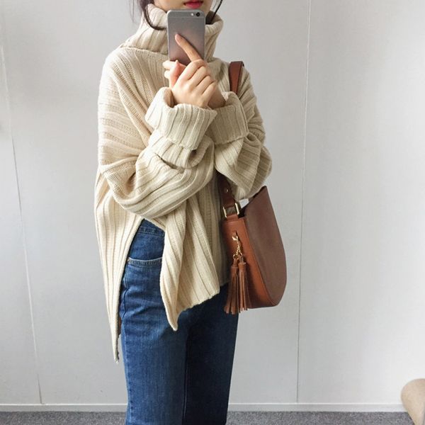 

loose high neck pullover sweater high slit coat sweaters solid color turtleneck spring autumn women knitted sweaters coats, White;black