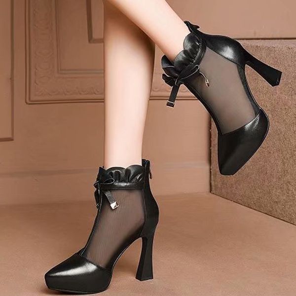 

women ankle boots mesh ruffle black boots super high heels short boot ladies pointed toe booties botas mujer invierno 2019