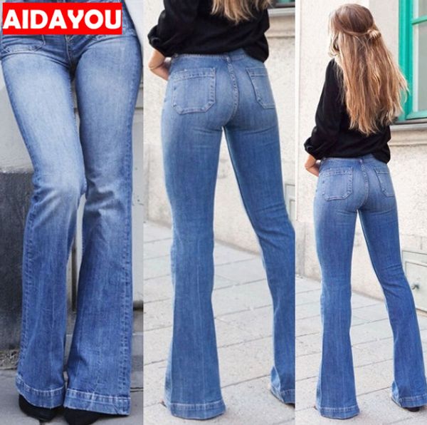 

женская мода высокой талии джинсы факелы повседневный широкие брюки нога денима синий sexy длинные брюки клеш ouc567a, Blue