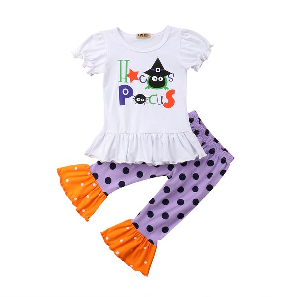 

2018 Toddler Baby Girls Halloween Outfits T-shirt Tops+Polka Dot Purple Cartoon Flare Pants Outfits Set