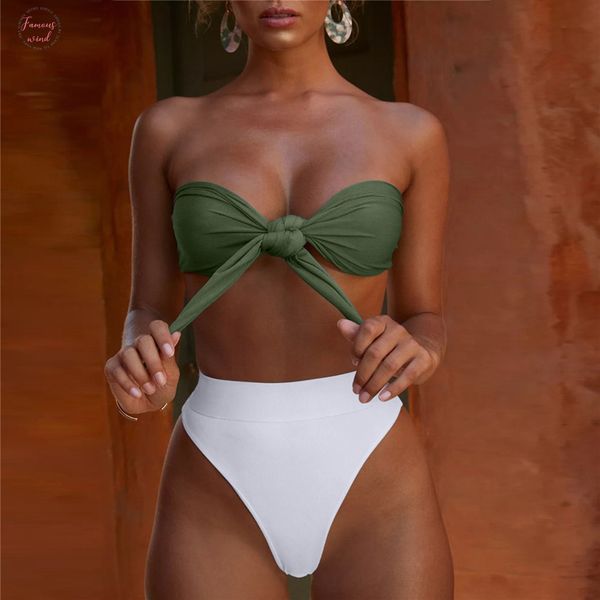 

bikini 2019 summer swimsuit female solid swimwear bikini high waist padded push up swimsuit women bandeau bikini with knot, White;black