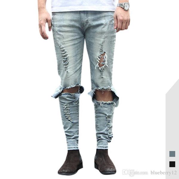 

mens biker jeans high street slim fit ripped jeans male distressed denim skinny hole zipper jeans asian size, Blue
