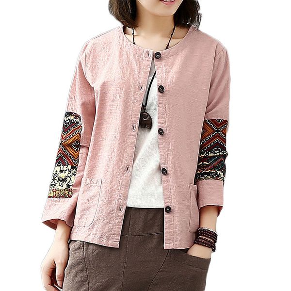 

retro autumn new cotton and linen blouse women patchwork printed long sleeve cardigan shirt pink blusas chemise femme f1150, White