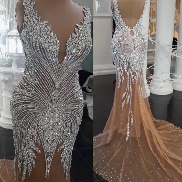 2020 Luxus-Champagner-Meerjungfrau-Abendkleider mit silberfarbenen Perlen-Abschlussballkleidern, nach Maß, offener Rücken, Partykleider, neu, mit Sweep-Zug