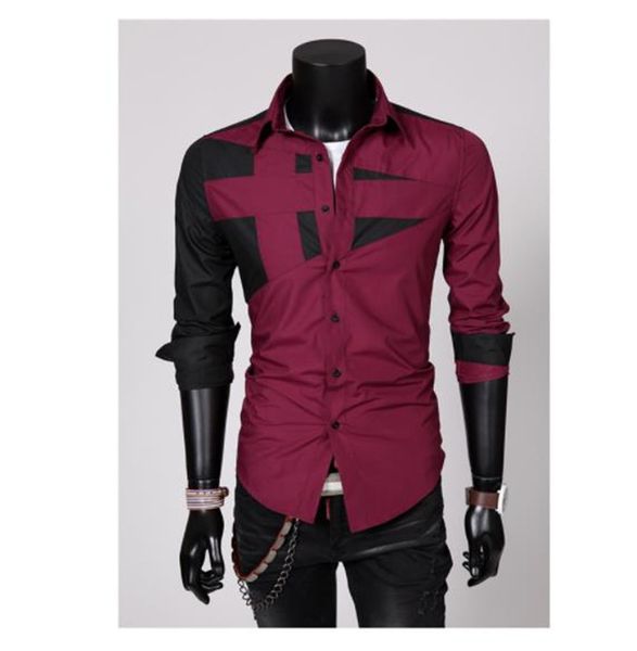 

patchwork designer mens casual shirts long sleeve lapel neck colorful homme clothing fashion style causla apparel, White;black