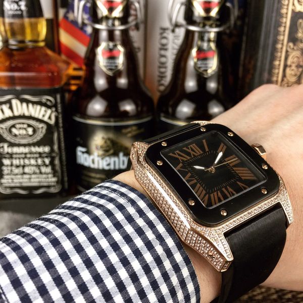 

rose gold and black color full diamonds case watches men quartz man watch leather wristwatch business clock gift for men, Slivery;brown