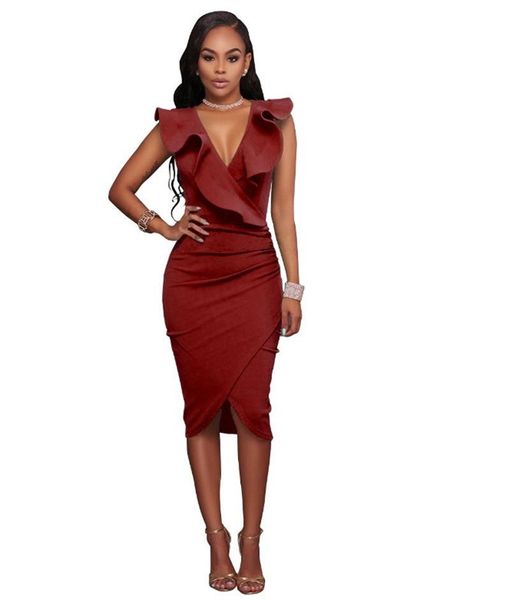 

sexy глубокий v шеи конструктора платья женские сплошной цвет ruffled карандаш платья вскользь женщины одежда, Black;gray