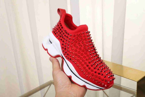 

high-end design new studs sneakers men's casual red bottom banquet dress casual walking outdoor lace rivet sneakers red, Black