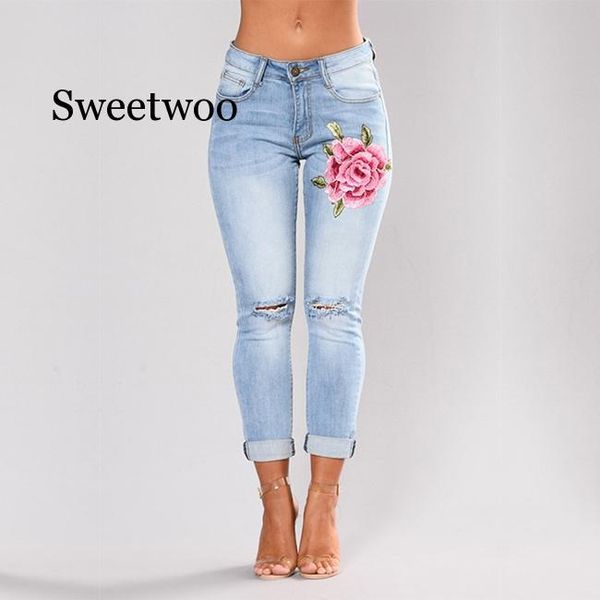 

натяжные вышитые джинсы для женщин упругого цветка джинсы женщина тонких джинсовых брюк отверстие рваного rose pattern, Blue