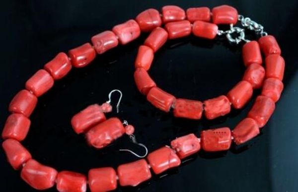 

natural red coral bead necklace17'' bracelet 7.5'' earring set, Silver