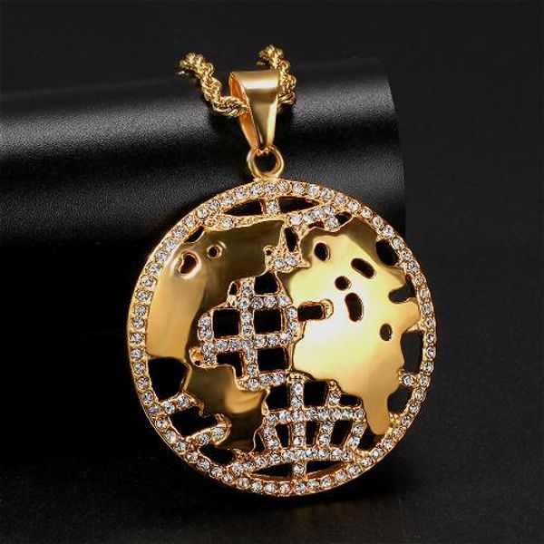 Gusy Fashion Nuovo personalizzato Gold inossidabile in acciaio inossidabile diamante mappa mappa rotonda collana collana hip hop gioielli per uomini donne donne