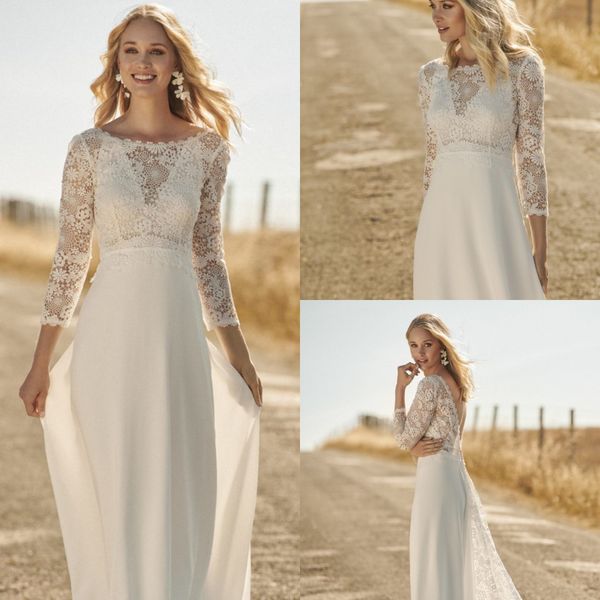 

rembo styling elegant bohemian v neck long sleeve backless wedding dresses lace tulle wedding gown sweep train robe de mariÃ©e, White