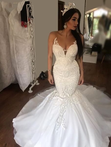 

arabic mermaid wedding dresses sheer neck sweep train lace appliques chapel train garden country plus size bridal gowns vestido de novia, White