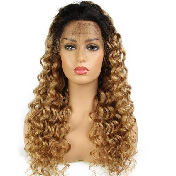 Ombre Blonde Curly Wig 1b27 Lace Front Human Hair Wigs Black Root