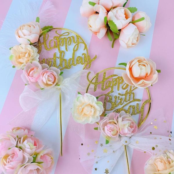 

gold happy birthday cake er decor metal ring cake insert flags gardening artificial flowers bronzing flags birthday decor