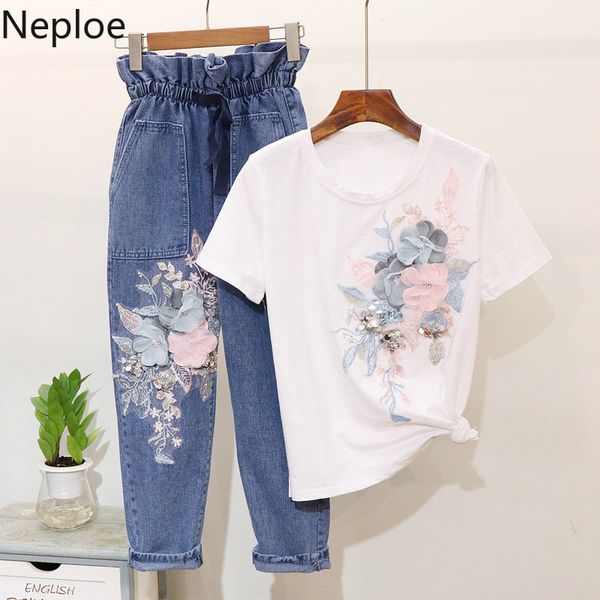 

neploe women 2 piece sets cotton t shirts jeans suits casual sequins +ankle length denim pants sets for ladies outfits 39368, White