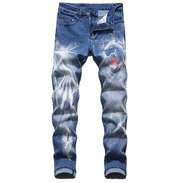 

jeans for mens slim fit pants classic jeans male denim designer trousers casual printing skinny straight elasticity pants, Blue