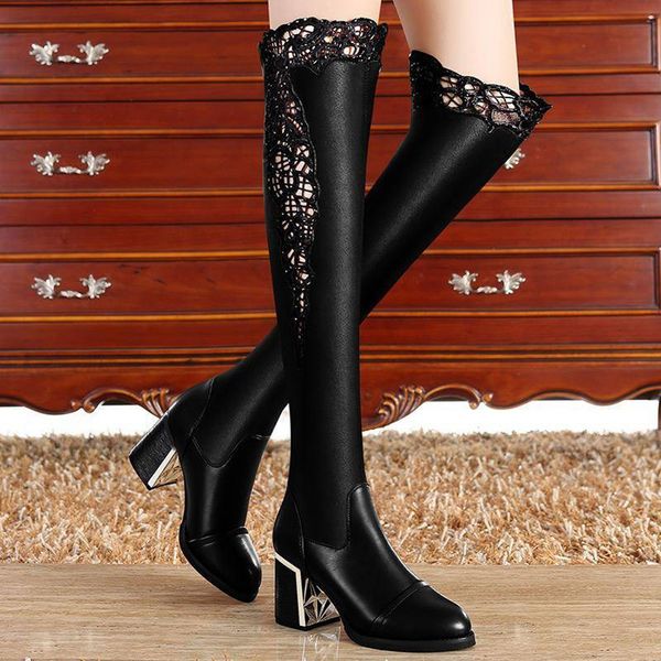 

winter boots women thick heel knee boots fashion snow boot black long section lace decoration winter keep warm ladies
