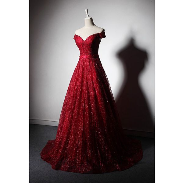 Abiti da damigella d'onore lunghi rosso scuro sexy con spalle scoperte Cerniera sul retro Paillettes brillanti Abito da festa economico Immagini reali in vendita