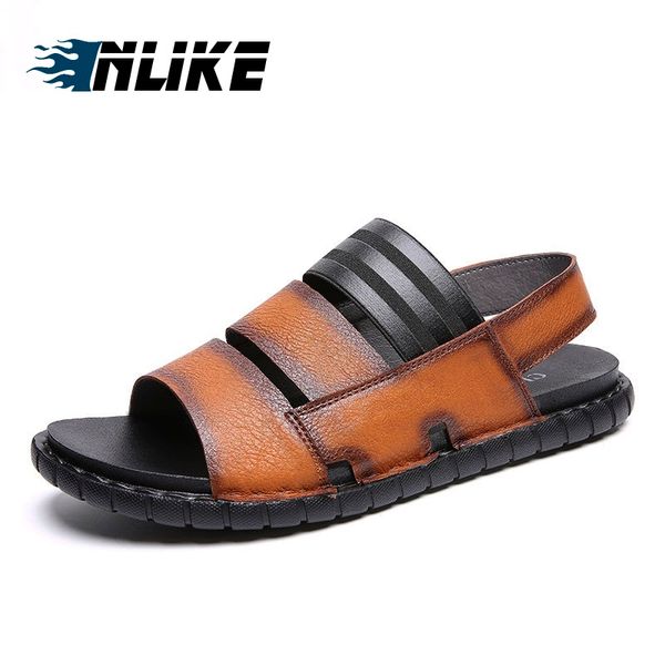 

leather mens sandals leather men summer shoes 2019 flat beach sandals, Black
