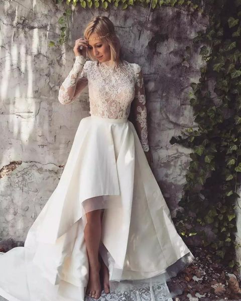 

2019 long sleeve country wedding dresses lace applique sweep train high low satin beach wedding gowns a line high neck plus size bridal, White