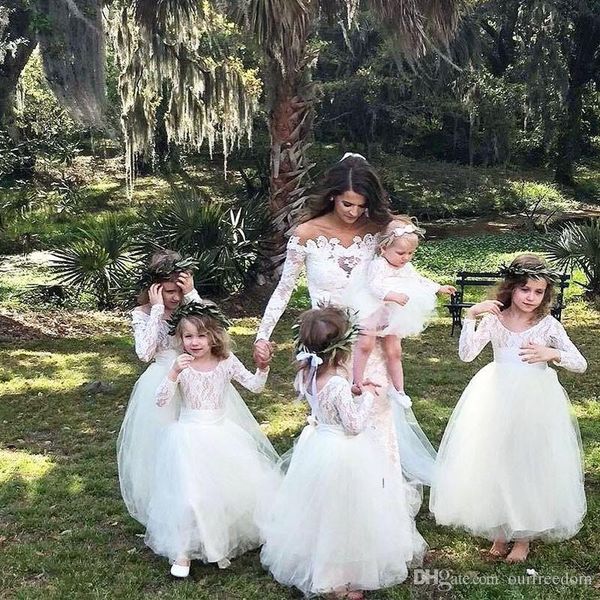 

cute 2019 flower girl dress a-line round neck long sleeves ankle-length with lace puffy tulle first communion dresses girls paegant gown, White;blue