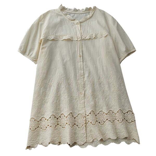 

2020 summer new lace collar cotton short sleeve shirt female loose hollow embroidered shirt top, White