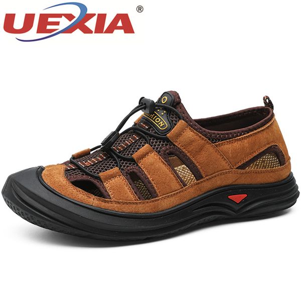 

uexia sandalias anti-collision men beach mesh casual shoes leather patchwork breathable outdoor male sneakers walking footwear, Black