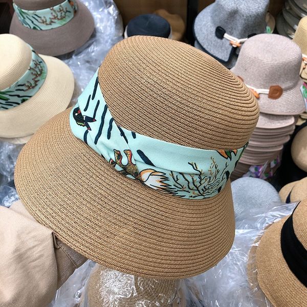 

japanese straw abstract ribbon decoration 2020 summer women's straw toque ribbon women's sun hat breathable folding sun hat, Blue;gray