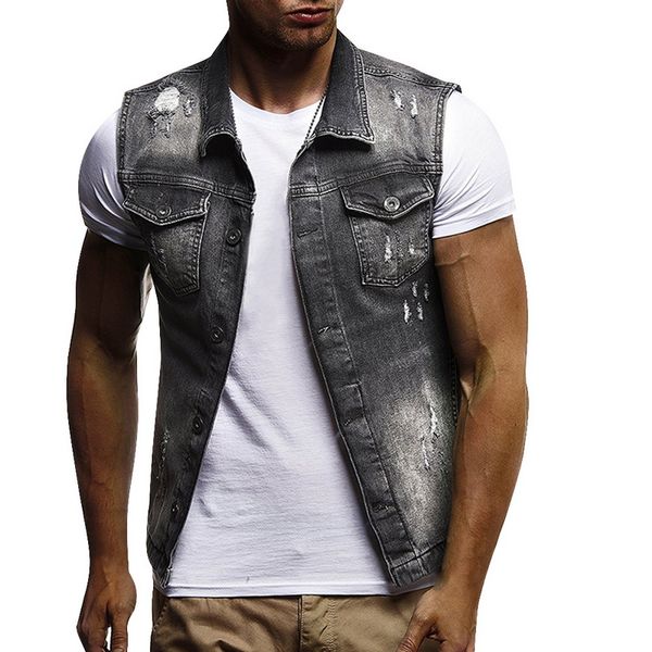 

nibesser 2019 new classic denim vest men slim fit sleeveless jeans jacket vest black turn-down collar jeans waistcoat for men, Black;white