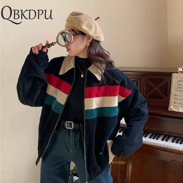 

harajuku women spring color block corduroy jacket female boyfriend style long sleeve patchwork oversize zipper jacket school, Black;brown