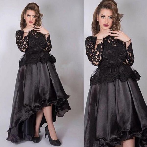 

high low black prom dresses 2020 long sleeve lace arabic formal evening gowns short robe de soiree