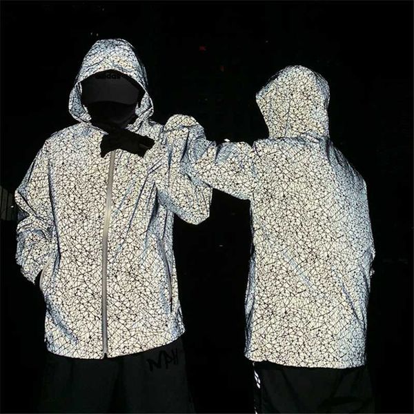 

ruelk осень мужская светоотражающая куртка повседневная уличная мода хип-хоп линия печати ветровка с капюшоном флуоресцентная куртка m-3xl, Black;brown