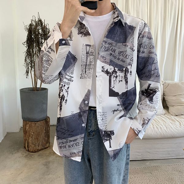 

flower shirt men's fashion print casual shirts mens streetwear wild loose long-sleeved shirt social men dress -2xl, White;black
