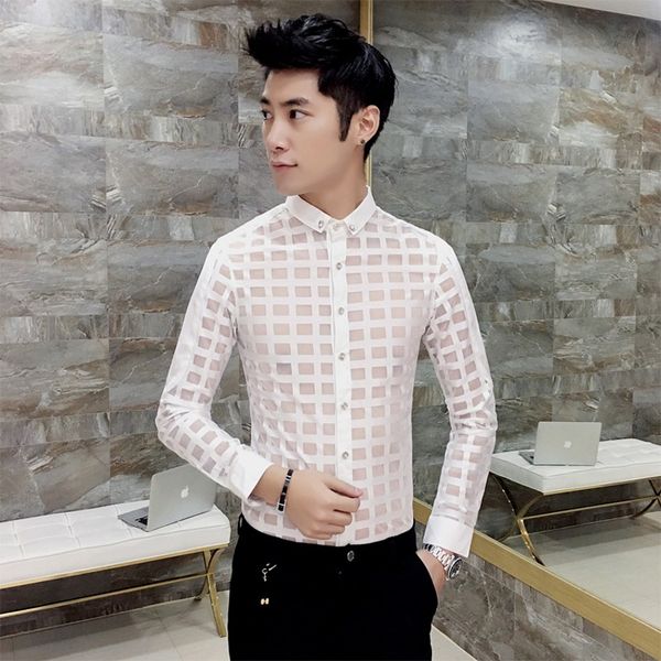 

spring shirt men brand 2019 long sleeve men shirt dress hollow plaid shirts all match casual night club party tuxedo, White;black