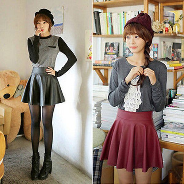 

new fashion ladies faux leather short pleated skater skirt, Black