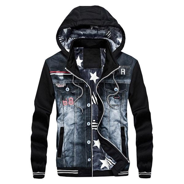 

new men's denim jacket designer fashion cowboy stitching hood fleece jacket coat for men coats plus size outwear, Black;brown