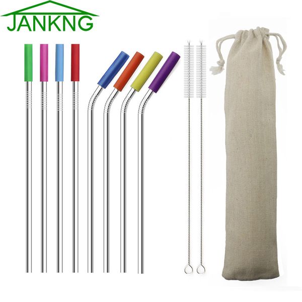 

jankng 8pcs reusable straws 304 stainless steel straw bent metal straws drinking straw silicone tips for tumblers dropshipping