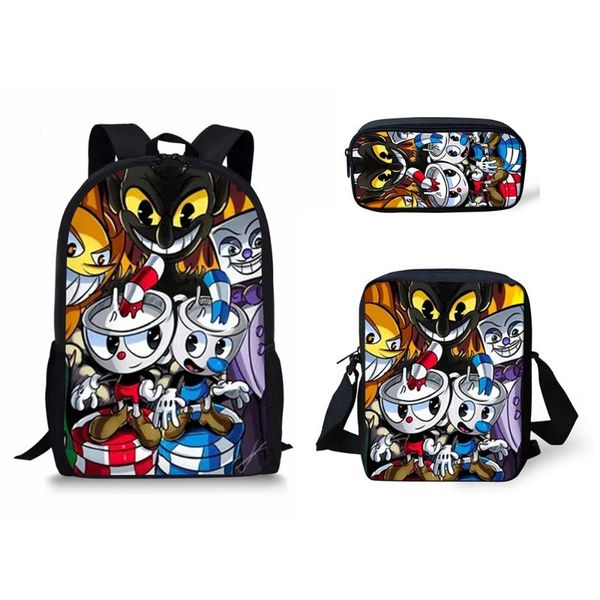 

3 pcs school bag set coloranimal dolls toys cuphead mugman children school satchel backpack mochila bags teens back pack