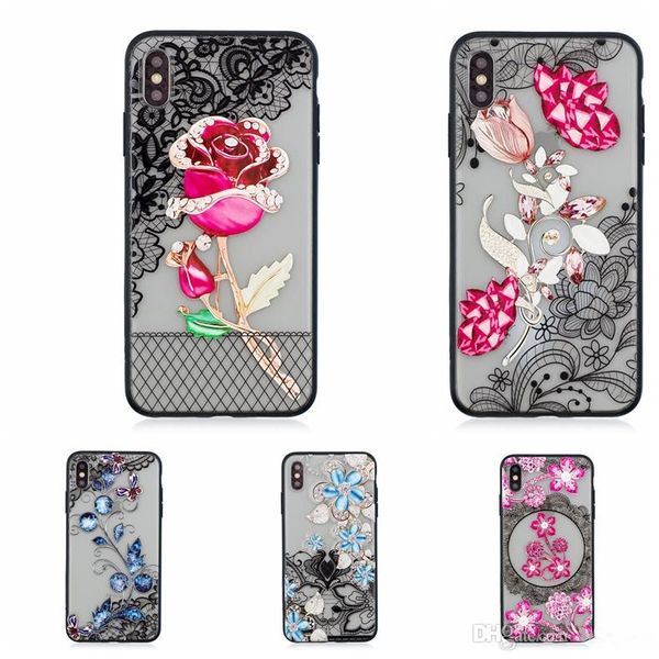 

bling diamond flower hard pc+tpu case for iphone xs max xr x 8 7 6 galaxy s10 s10e s9 plus note9 lace floral paisley henna rose phone cover