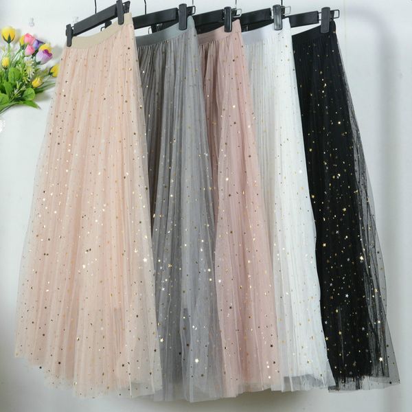 

korean stars sequined puff layered tulle tutu long skirts spring galaxy mesh starry metallic sweet fairy pleated long skirts, Black