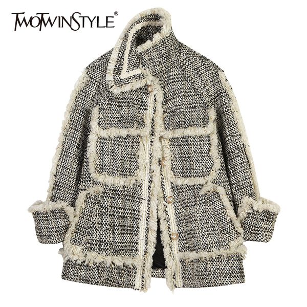

twotwinstyle loose fit black plaid tweed tassels woolen coat parkas new long sleeve women fashion tide autumn winter 2019, Black;brown