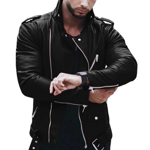 

men's jackets fashion casual short coat lapel long sleeve zipper pu leather slim fit vintage men coat, Black