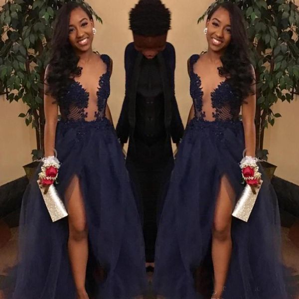 

Navy Blue Split Prom Dress Deep V- Neck Long Appliques Formal Pageant Holidays Wear Graduation Evening Party Gown Custom Made Plus Size